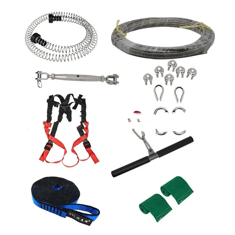 XYL Ziptreck pulley slide rope kit with 10-metre rope, alloy steel components, and safety retractor for children's outdoor play