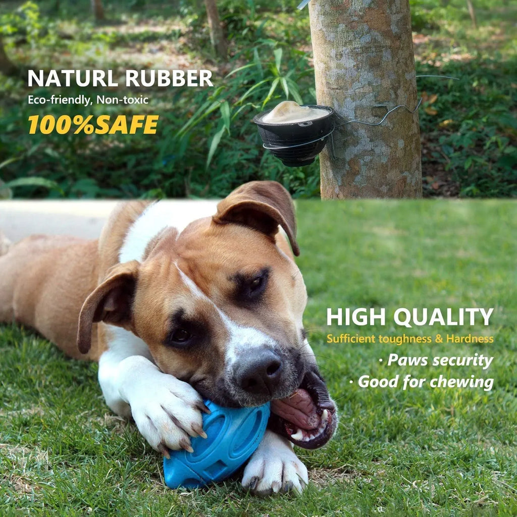 Blue green orange natural rubber squeaky dog chew ball with surface grooves for medium large breed dogs