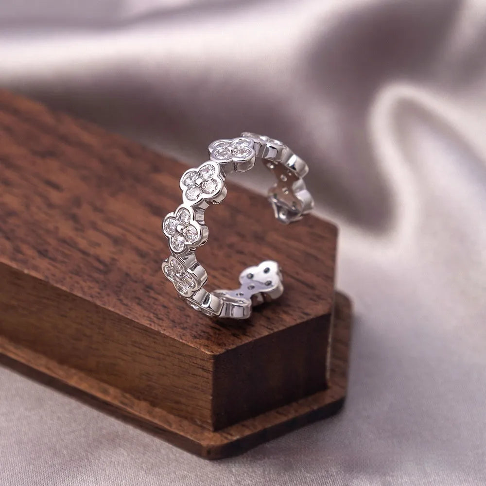 Adjustable open ring in gold or silver electroplated copper with zircon ornament and retro heavy industry U-shaped band