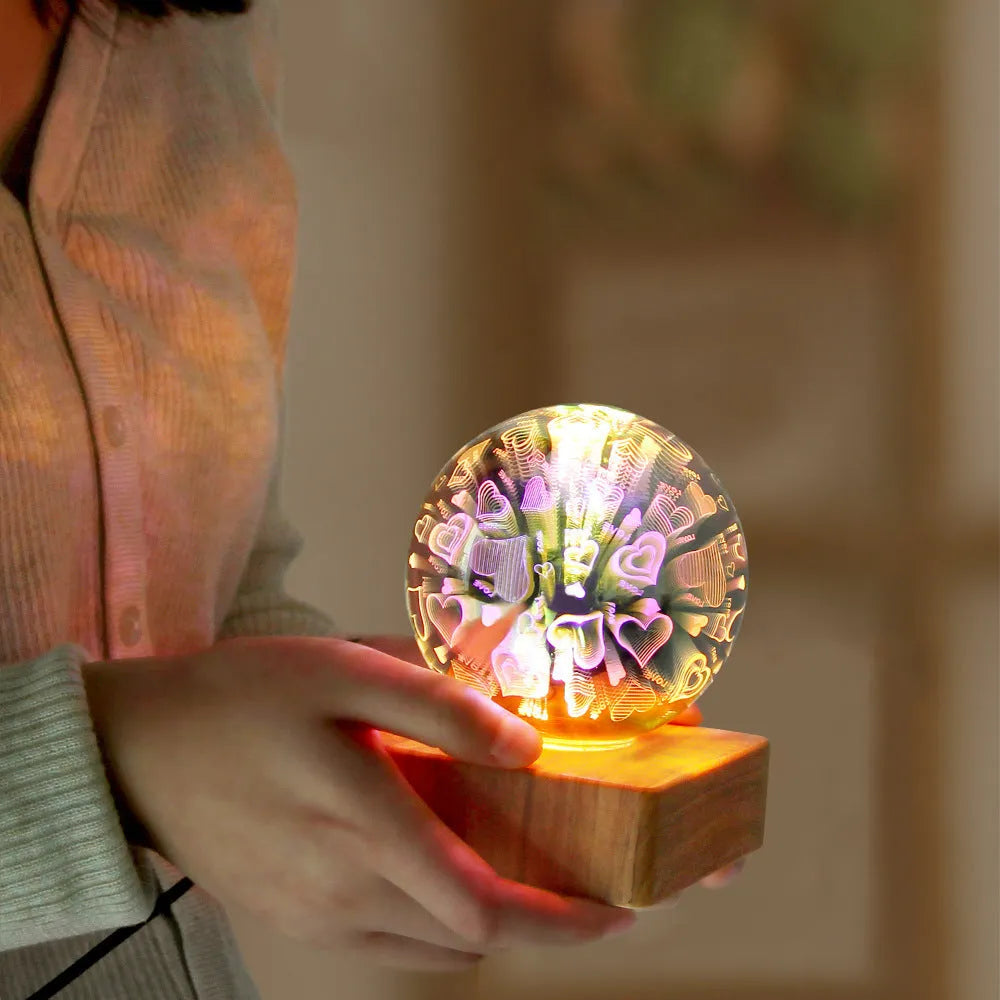 Spherical crystal ball night light with USB plug showing starry sky pattern illumination