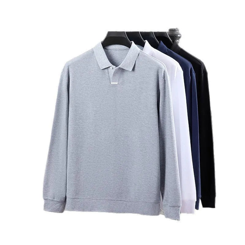 Men's grey cotton polo shirt with asymmetric lapels and long sleeves, showing loose fit design