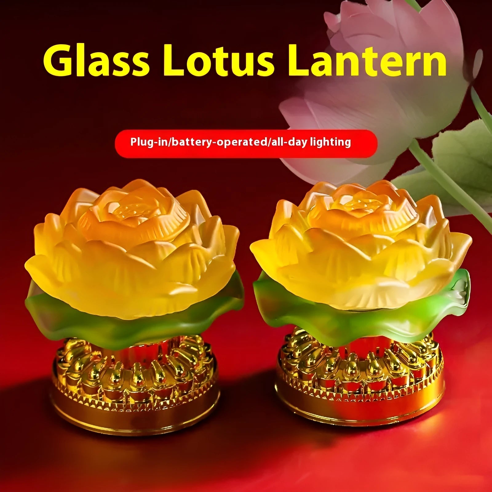 Yellow Chinese-style lotus lamp for Buddha altars in flower bud or flowering design