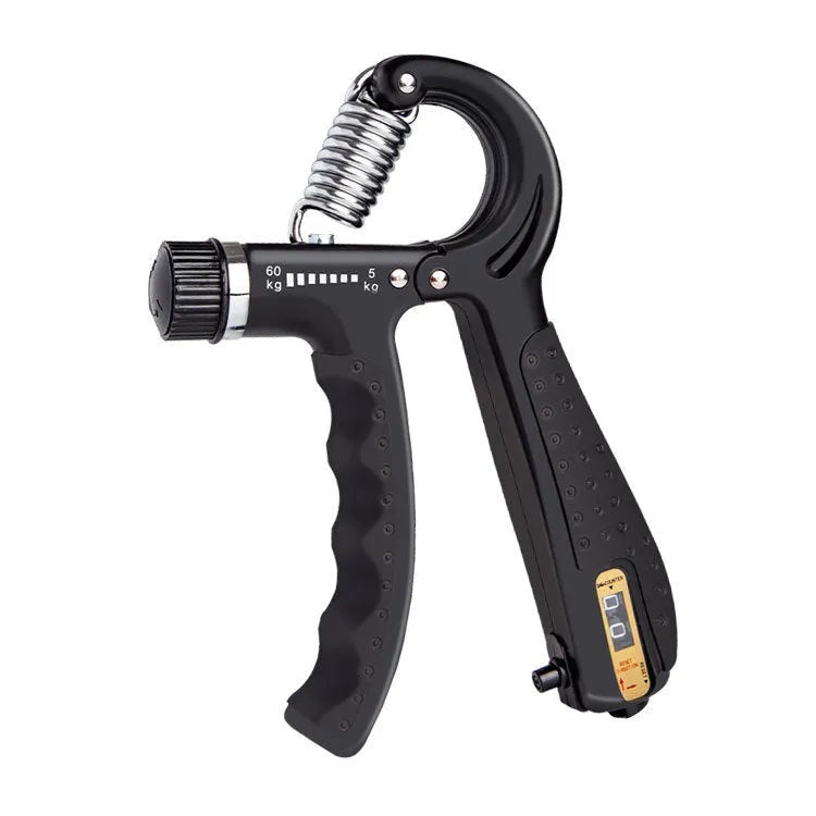 Black adjustable hand gripper with digital counter showing resistance dial and TPR handles