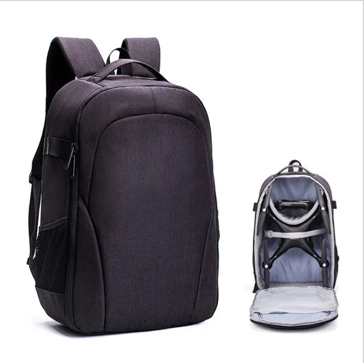 Black Oxford cloth drone backpack showing 52cm compartment with computer and camera pockets