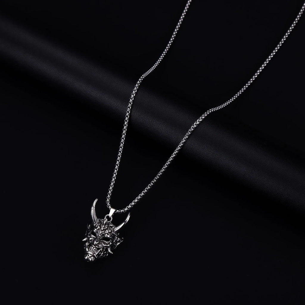 Silver-toned vintage men's necklace with a large rectangular alloy pendant