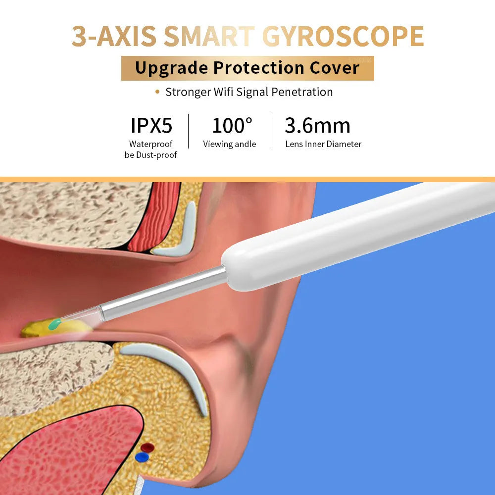 Black and white wireless otoscope ear cleaner with camera, LED light, and spoon heads on a table.