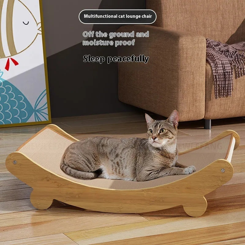 U-shaped sisal cat scratching board lounge chair in natural colour with cloth frame.