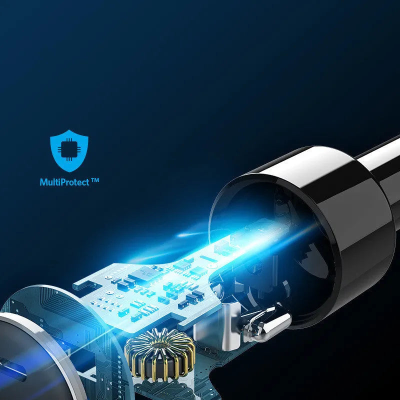 Dual-port car charger with 12-24V input, 5V-20V output, 3000mA current, 63 x 35 x 35mm, models A2229 and A2721