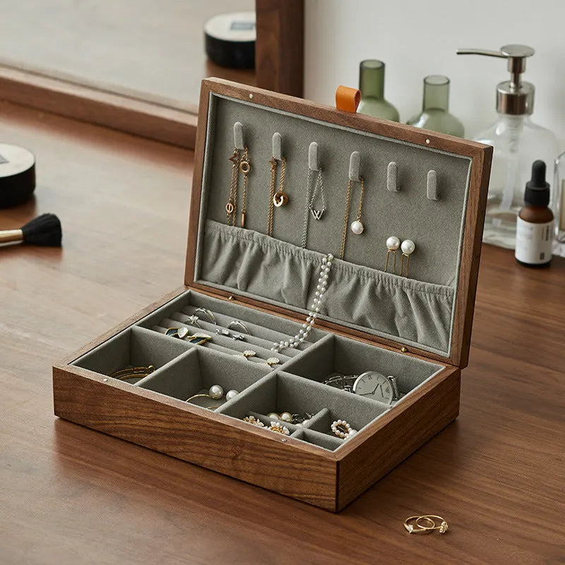Large capacity wooden jewellery box in Black Walnut with spray painted retro finish for household jewellery storage