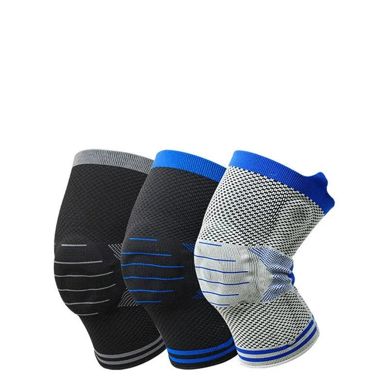 Cotton knee pad with silicone massage spring bar shock absorber in black and blue colour.