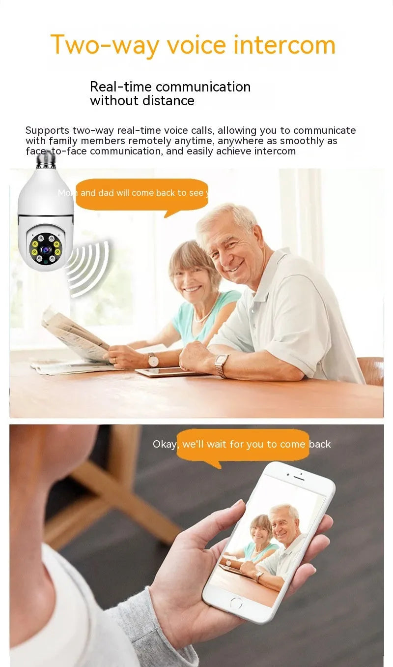 Compact bulb security camera with 5cm x 12cm dimensions showing lens and wifi connectivity for 1080p monitoring
