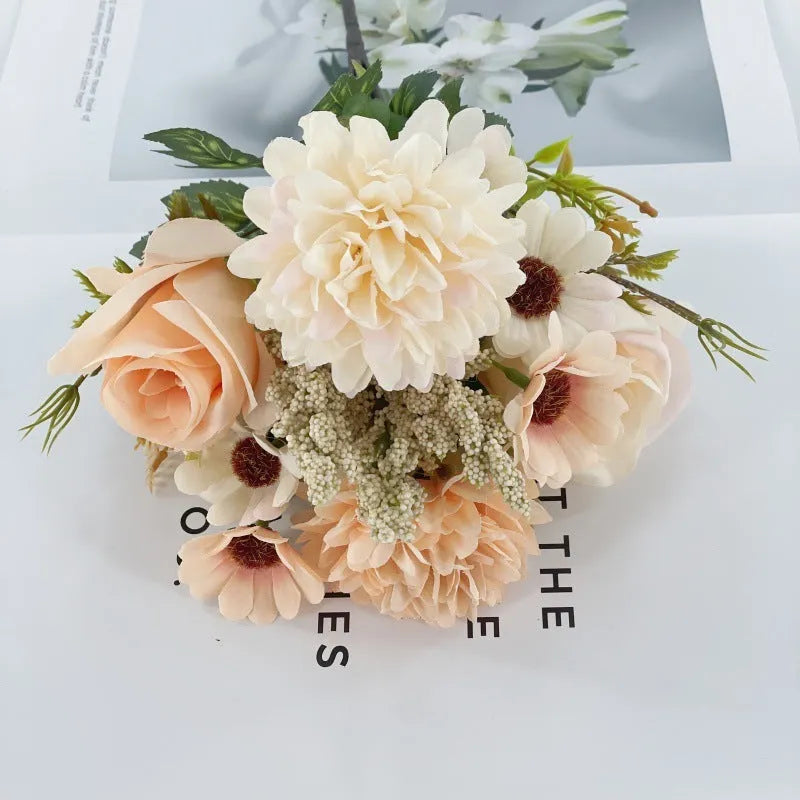 Close-up of an artificial Autumn Hydrangea silk flower bouquet in champagne colour