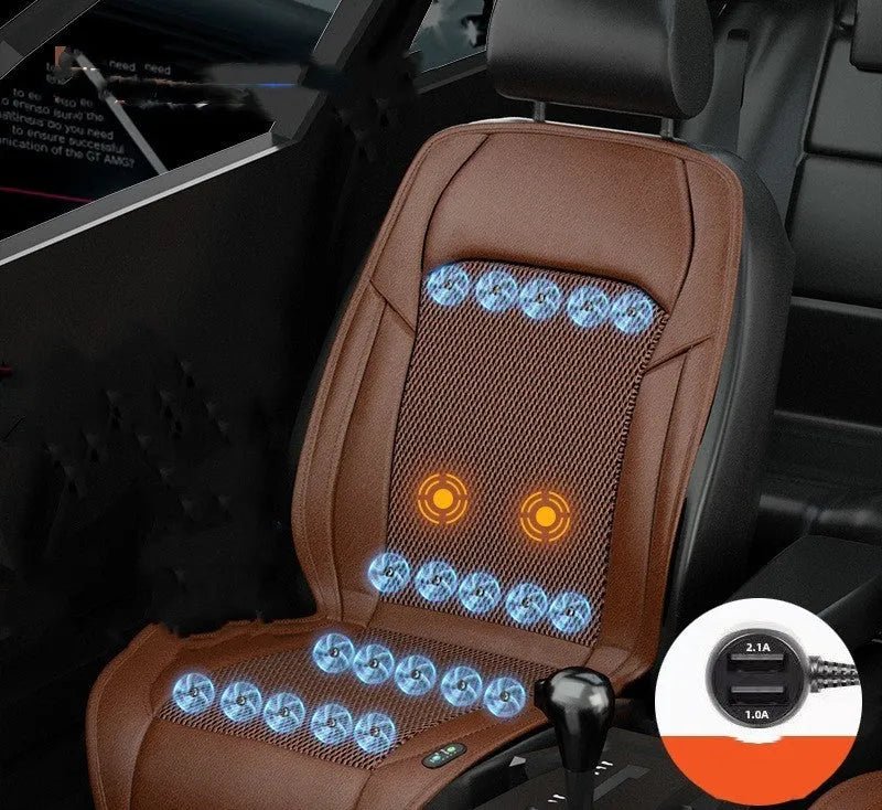 Ventilated car seat cushion with built-in fan system in black colour, connected to vehicle cigarette lighter socket
