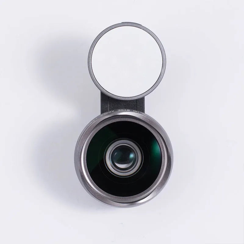 Universal smartphone camera lens kit with wide-angle macro lens and LED ring light in black, red, and silver grey