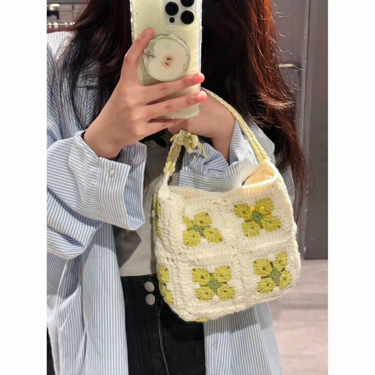 Handmade cotton crochet cherry blossom handbag with magnetic buckle closure in green or pink