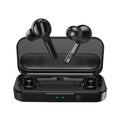 Black TWS wireless earbuds with charging case showing Bluetooth 5.0 and IPX5 waterproof features