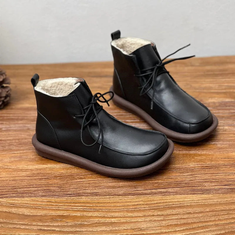 Women's black cowhide casual boots with velvet lining and flat round toe