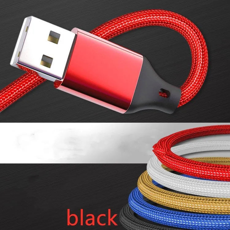 Red 3-in-1 charging cable with USB-C, Lightning, and Micro-USB tips on a 1.2m nylon braid.