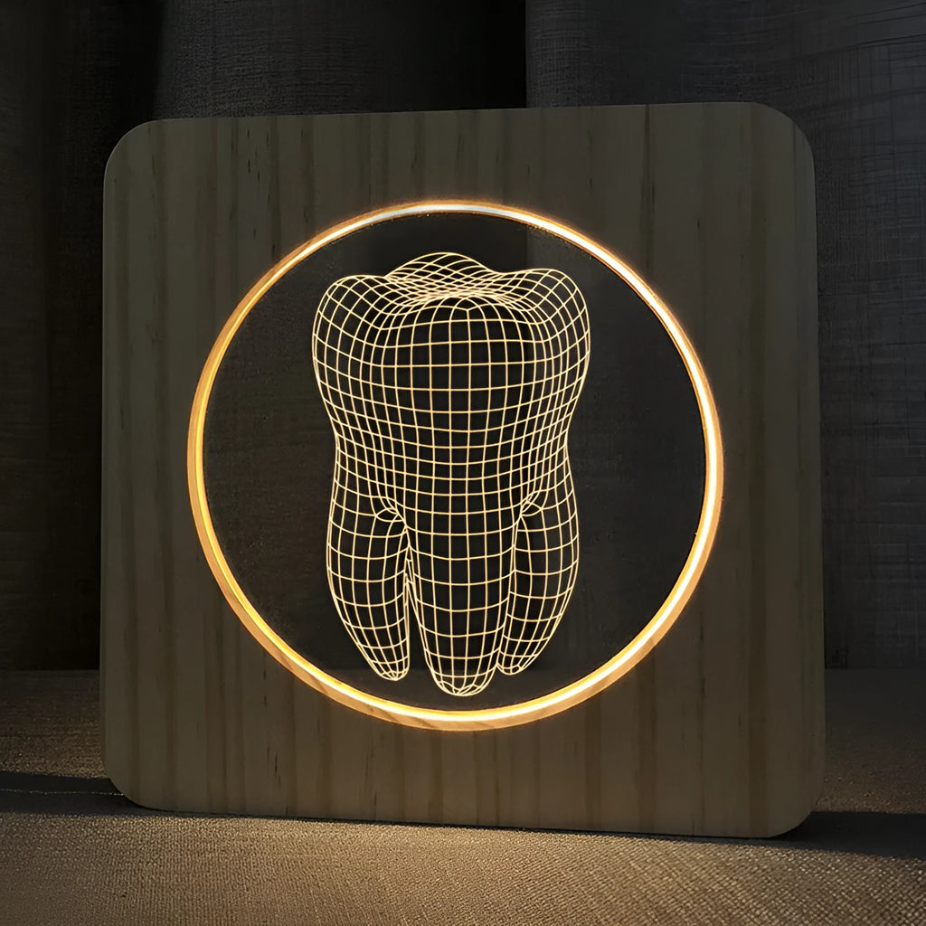 Tooth-shaped wood colour night lamp with USB cable on wooden surface