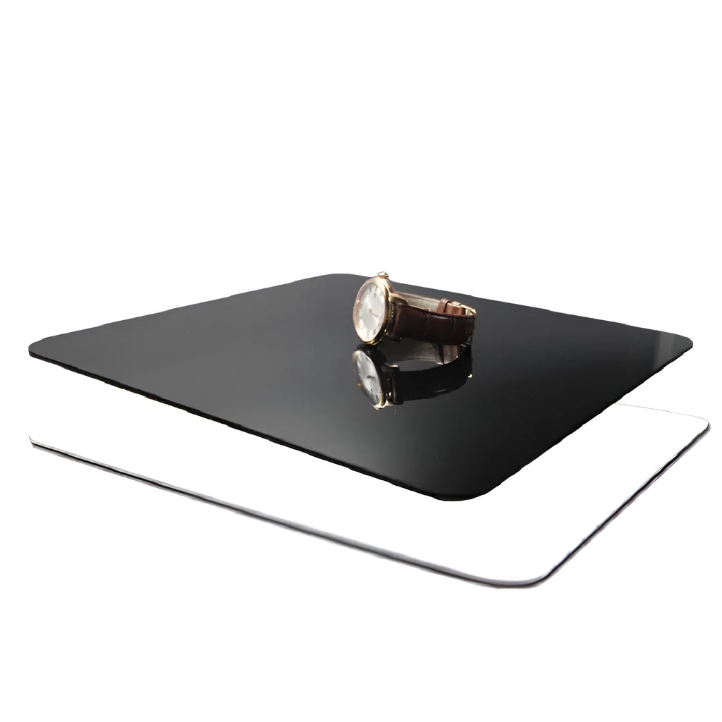 Black and white acrylic shooting reflection boards in three square sizes for jewellery photography