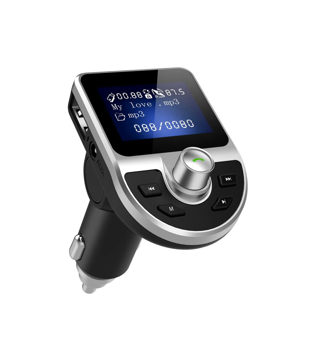 Black Bluetooth 5.0 FM transmitter car MP3 player with USB charger, digital display, and hands-free calling.