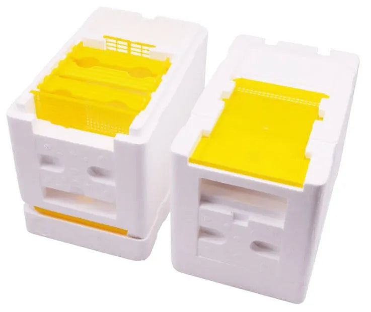 Three white EPS foam bee delivery boxes for queen bee transport, each measuring 20x15x10cm
