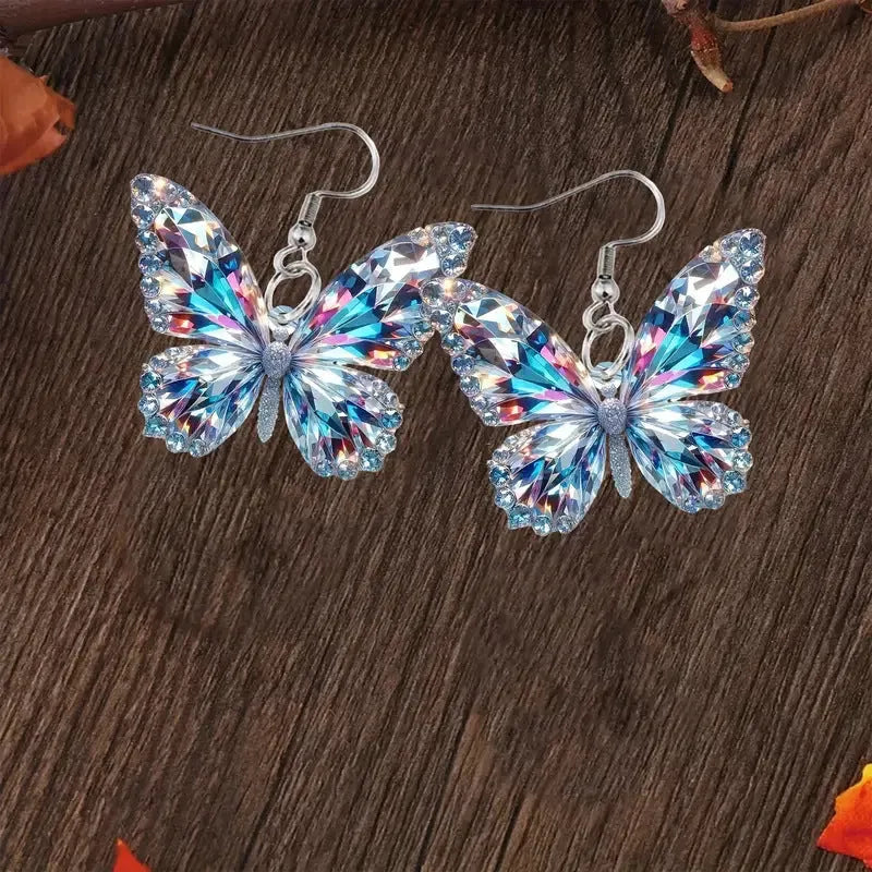 Pair of printed acrylic butterfly earrings with 2D sparkling design, unisex animal zodiac mallard style