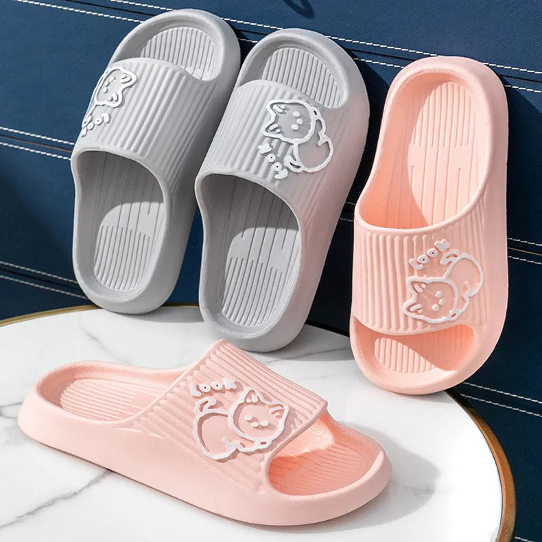 Green cat-themed thick platform sliders with a non-slip EVA sole on a white background.