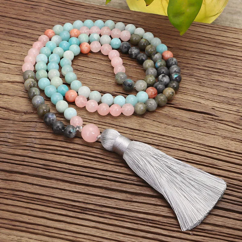 Bohemian colourful stone necklace and bracelet set with drop-shaped pendants and tassels