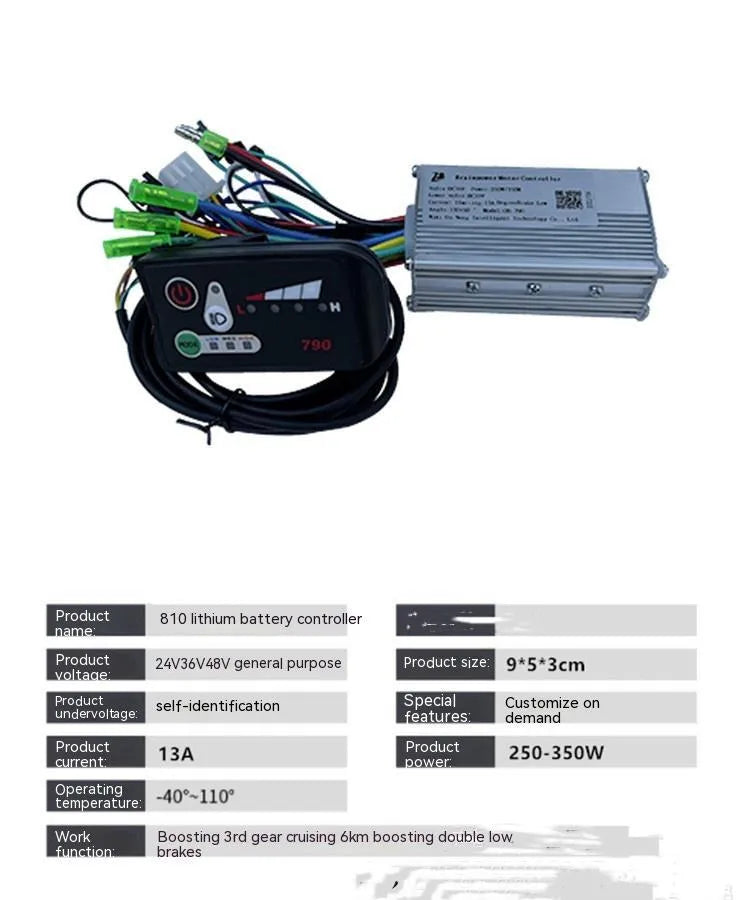 6-tube electric bicycle scooter controller with dimensions 9cm by 5cm by 3cm, showing connections for 24V to 48V systems