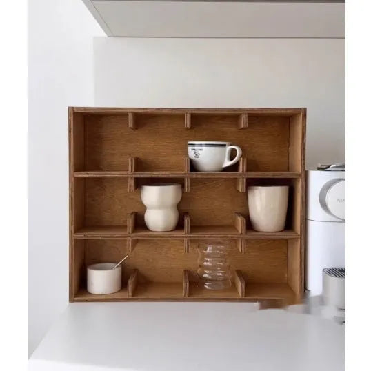 Solid birch wood cup storage rack with multiple grid compartments in meridian colour finish