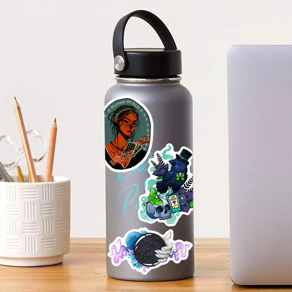 50 waterproof PVC stickers with glossy finish for laptops and skateboards, 3-8cm size range
