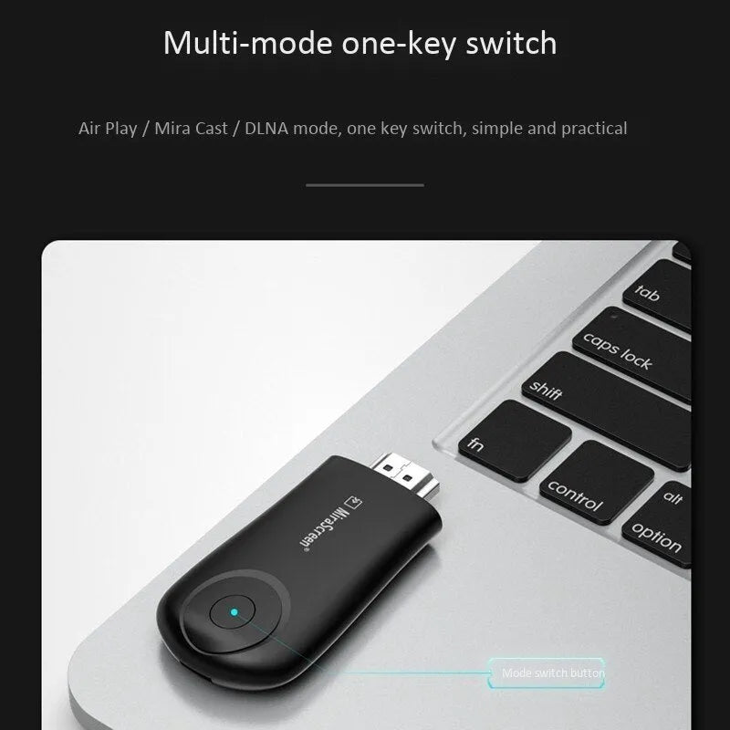 Black wireless screen player with HDMI port for smartphone content sharing to televisions