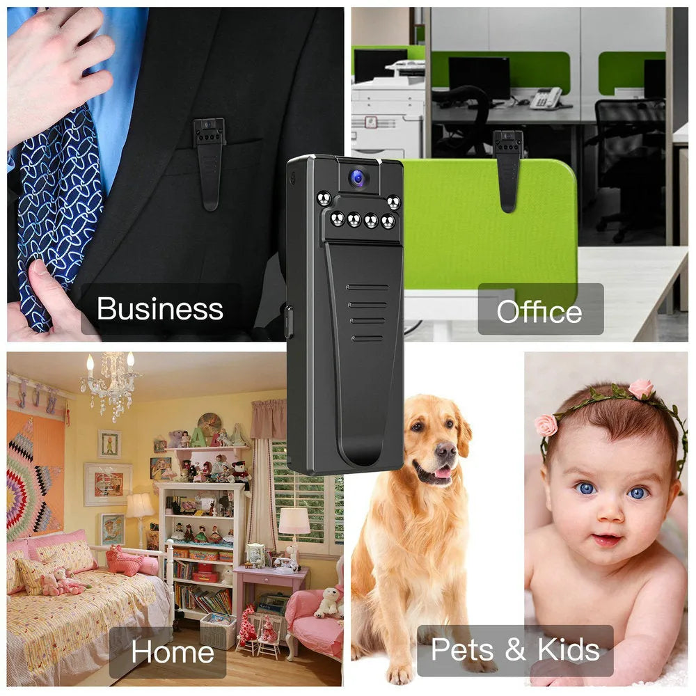 Black 1080p HD DV home camera with 90-degree rotation, night vision, and TF card slot for home security.