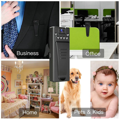 Black 1080p HD DV home camera with 90-degree rotation, night vision, and TF card slot for home security.