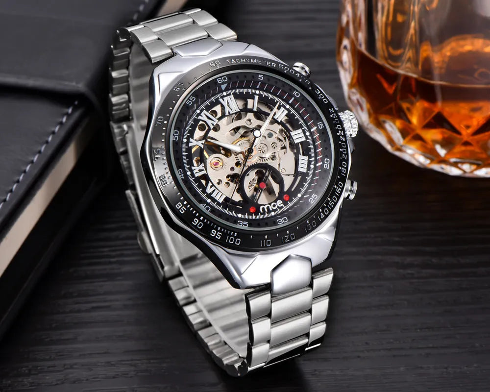 MCE men's explosion-proof mechanical watch with stainless steel case and leather strap