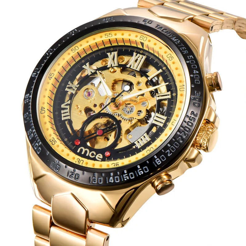 MCE men's explosion-proof mechanical watch with stainless steel case and leather strap