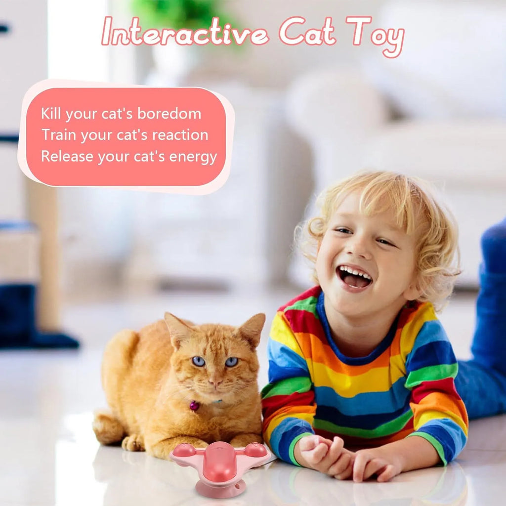 Blue interactive cat toy puzzle with slow feeder, bell, catnip, and airplane cabin for pet enrichment