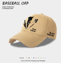 Men's polyester baseball cap in European and American style showing beige, black and blue colour options