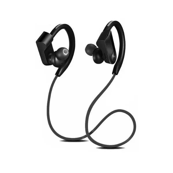 Wireless neck mounted Bluetooth earphones in black showing neckband design with earpieces and USB charging cable