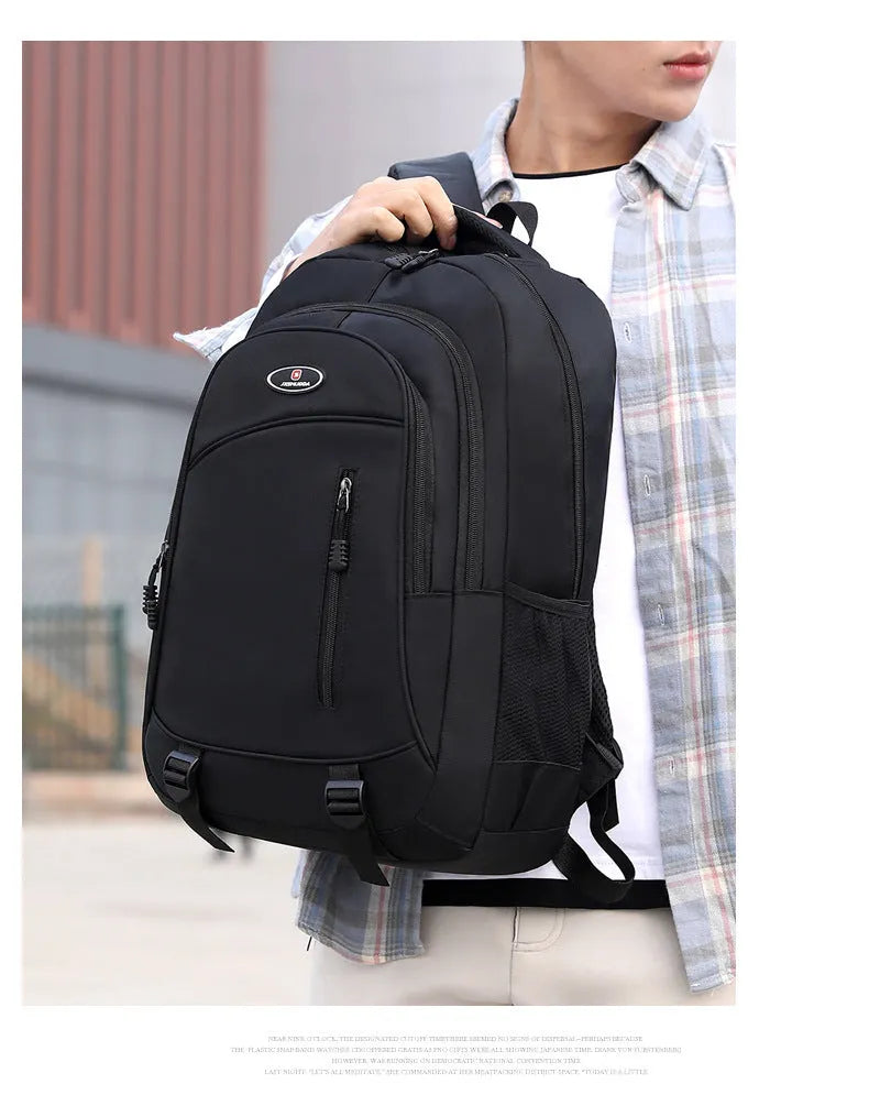 Waterproof nylon schoolbag for high school students with airpillow straps, shown in black, red, blue, and grey colour options.