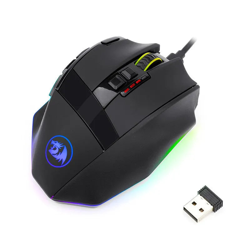 Black Redragon M801P wireless gaming mouse with nine buttons and ergonomic design measuring 120mm length