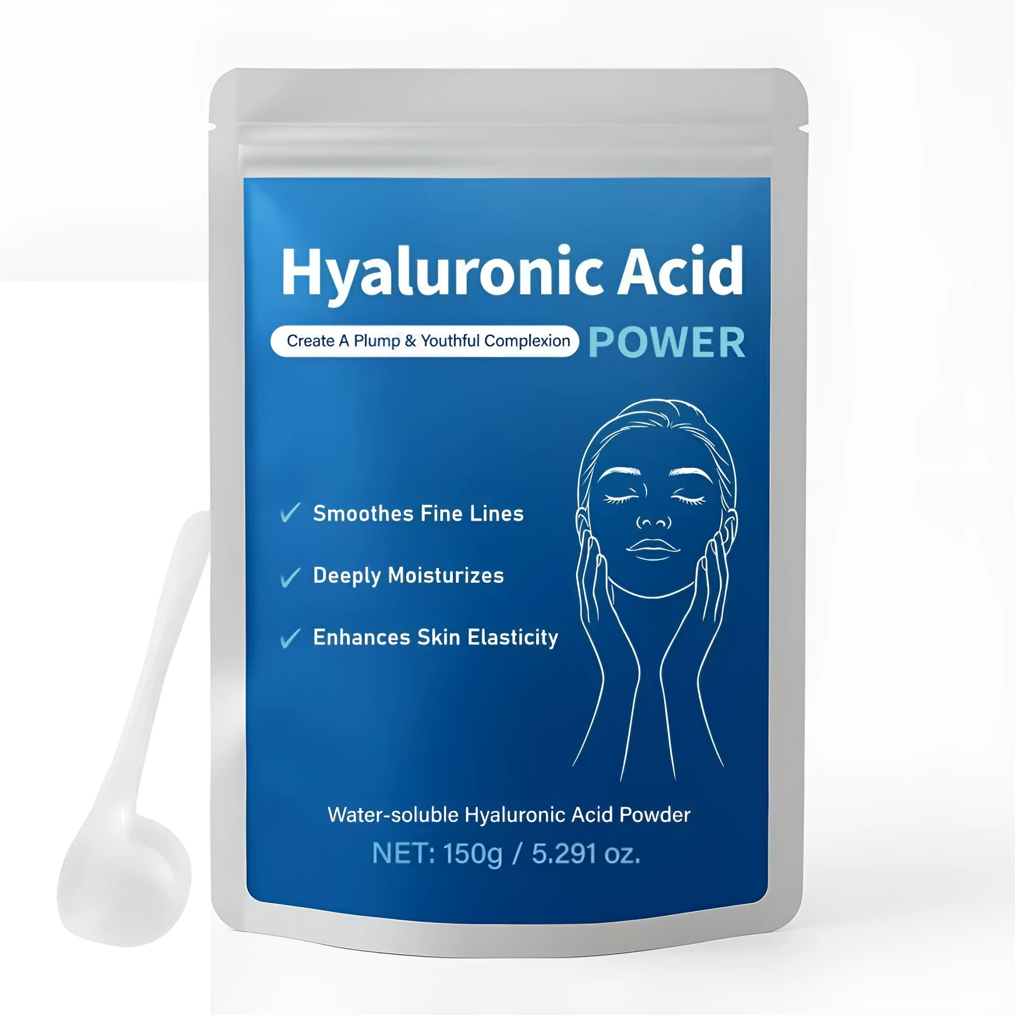 Container of pure hyaluronic acid powder, 150 grams, for DIY skincare formulation.