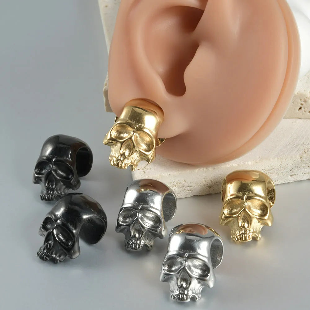 Personalised stainless steel hollow skull Buddha earrings with electroplated finish in geometric design