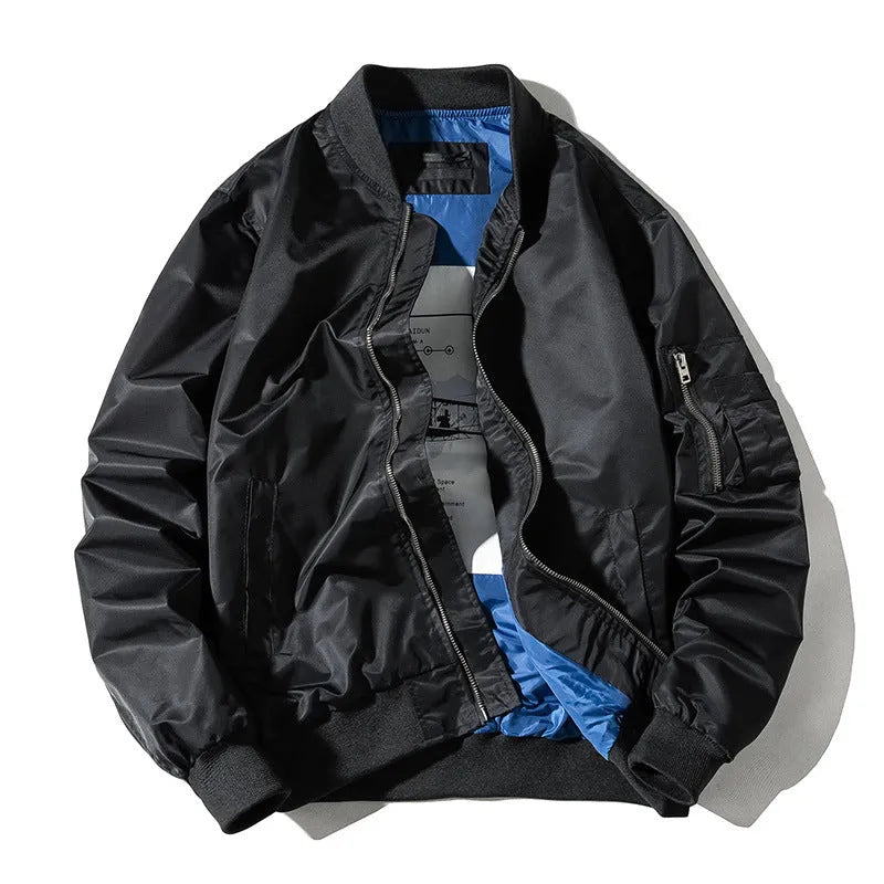 Men's solid pilot jacket in green or black, 100% polyester with long sleeves and ribbed bottom hem
