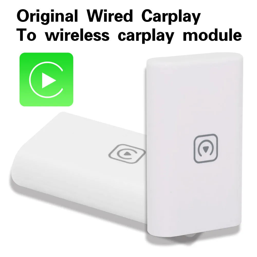 White wireless CarPlay box module, ABS, 120x90x35mm, USB powered, WiFi projection for in-car use
