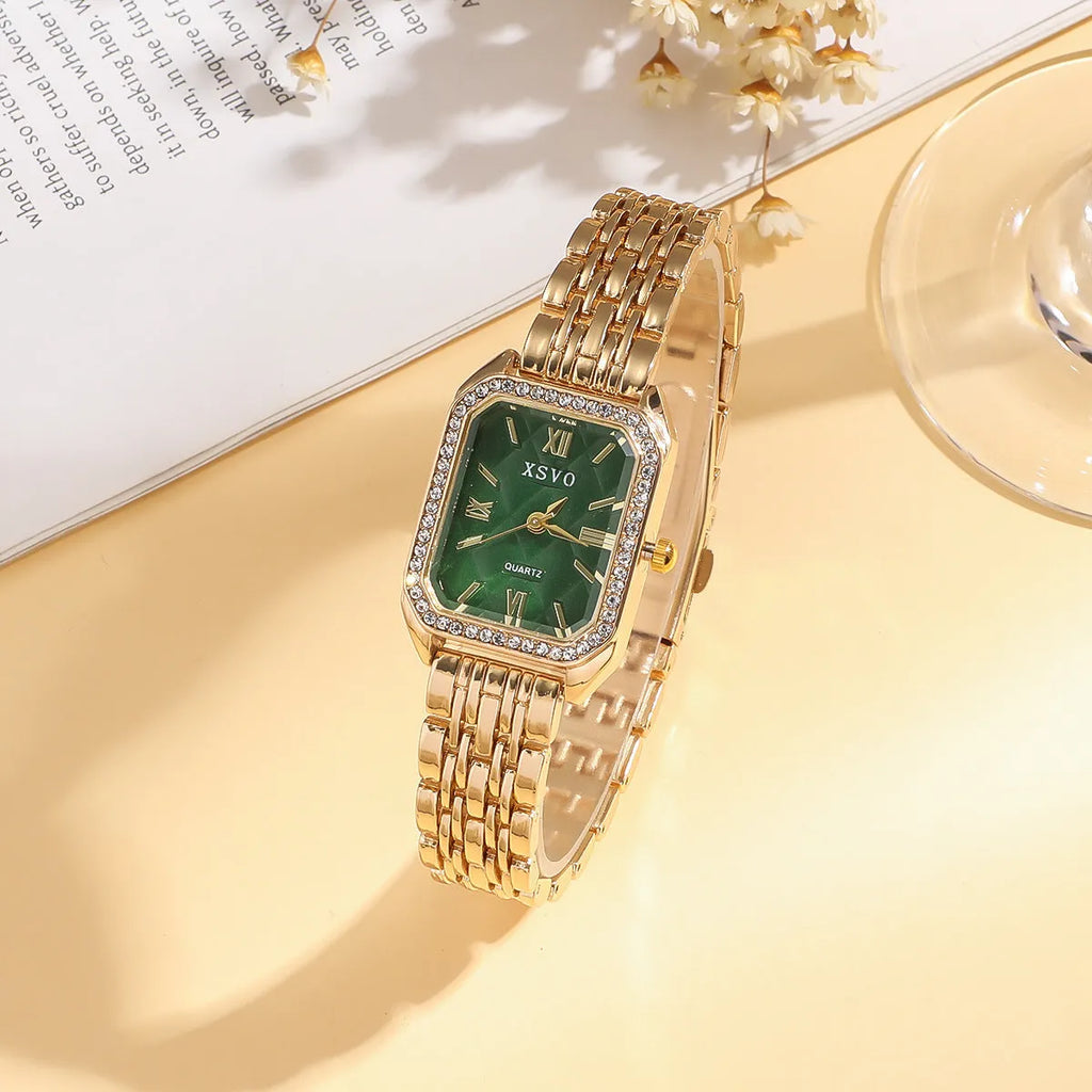 Gold green square steel watch with four matching bracelets in fashion accessory set