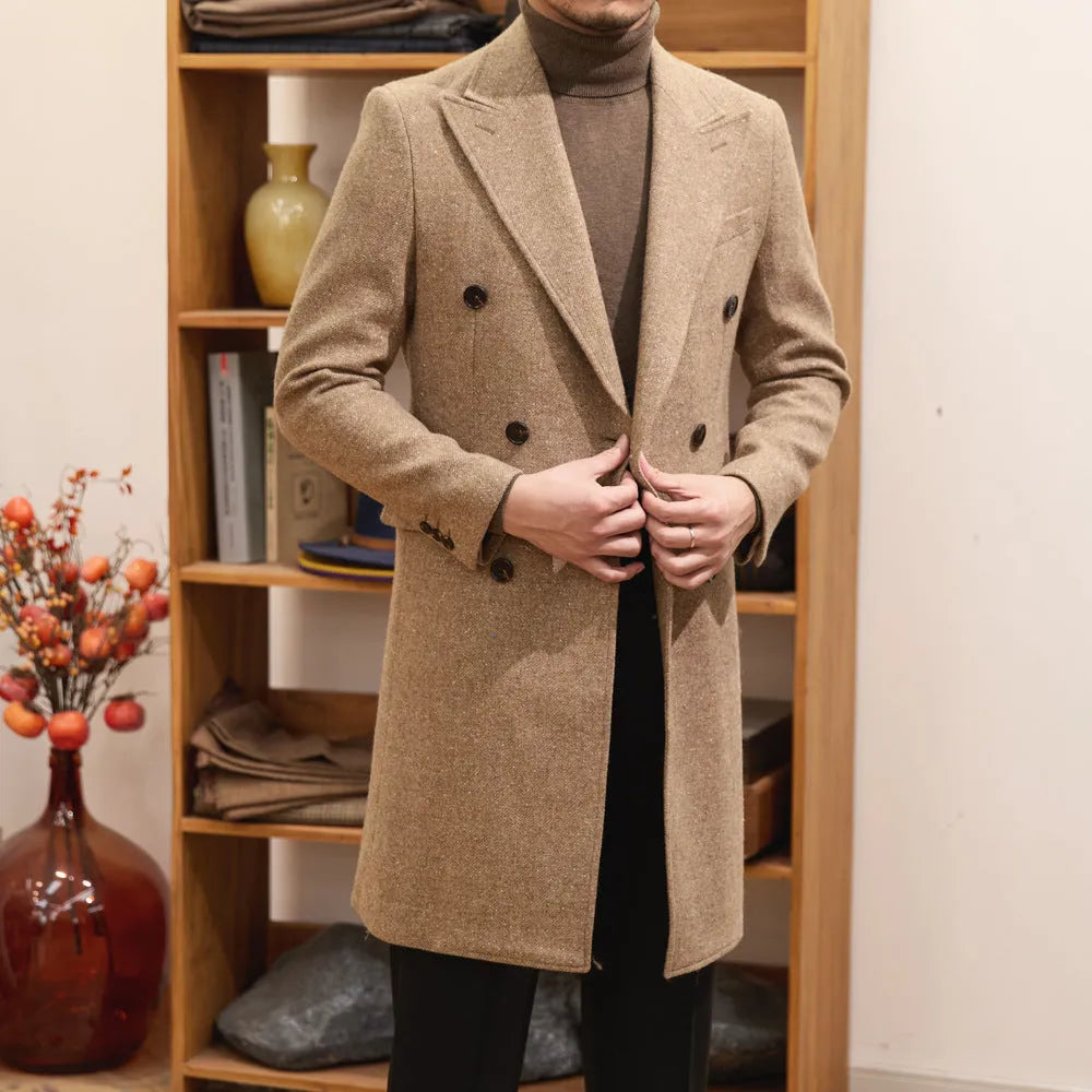 Brown men's double-breasted slim-fit wool blend jacket with side seam pockets and straight hem.