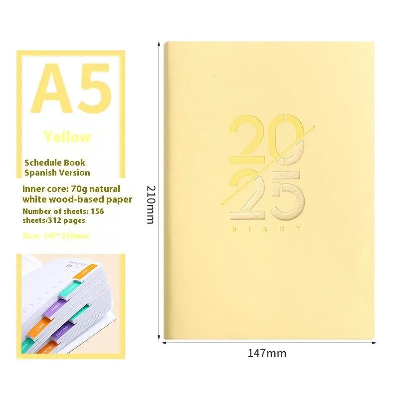 A5 daily planner with faux leather cover open to show 150 sheets of Dorian paper and lying-flat thread binding