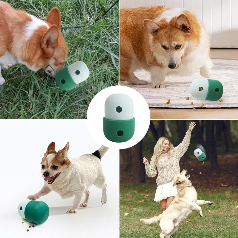 White and blue dog treat puzzle ball on floor, 8cm diameter, for interactive play with small dogs